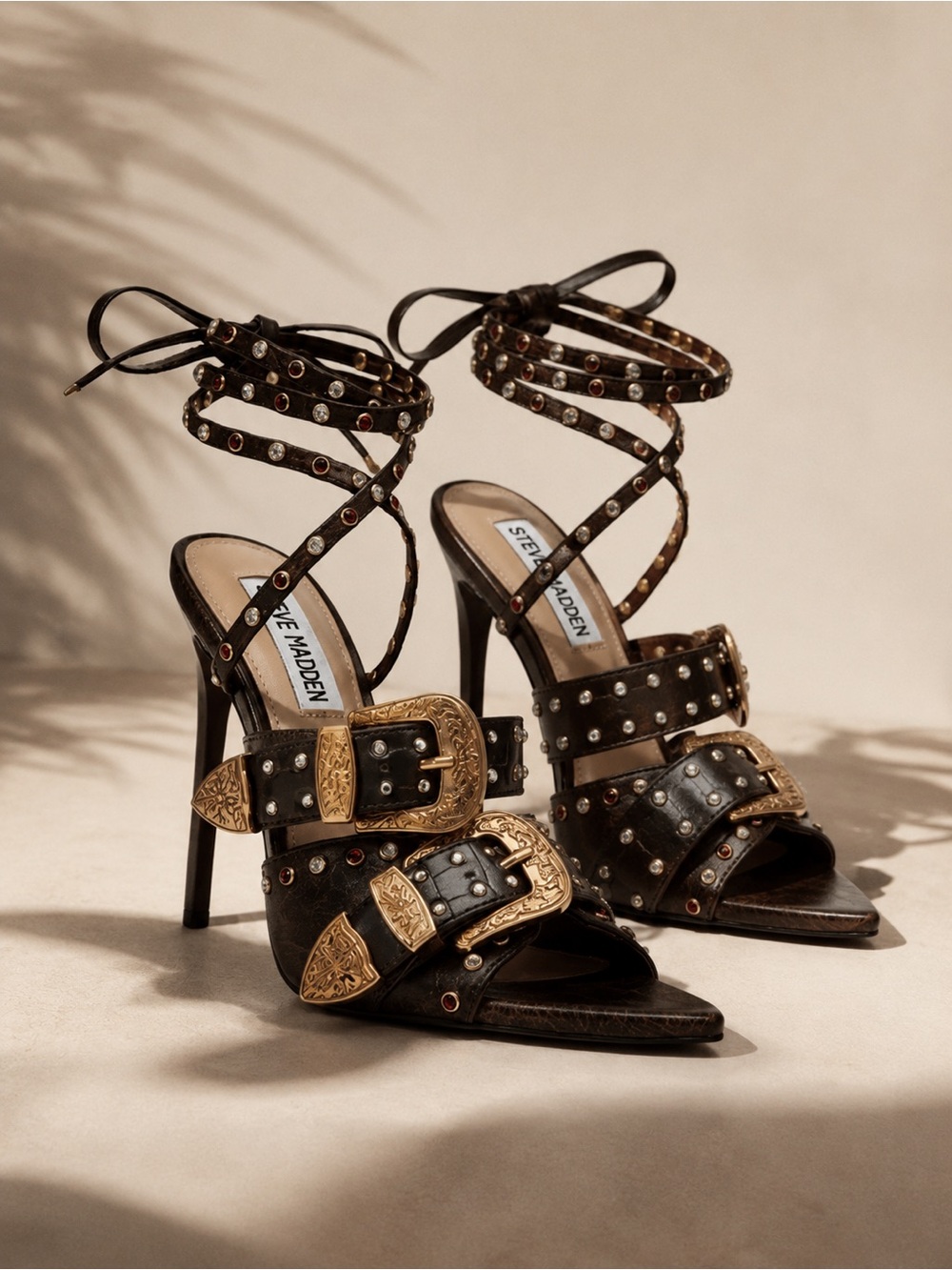 Steve Madden Brown Saddle Studded Ankle Wrap Buckle Detail Stiletto Sandals